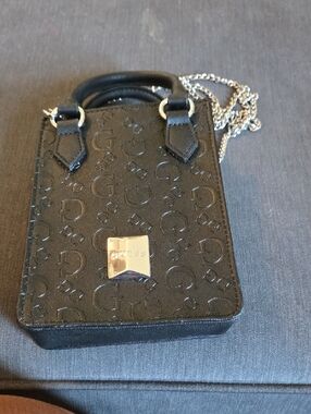 Guess Black Embossed Mini Tote with Silver Chain
